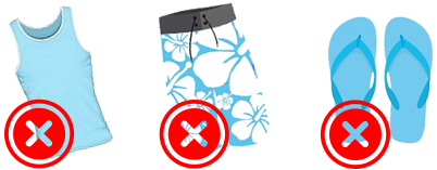 No sandals, shorts, flipflops allowed Illustration of shorts flipflops and singlet all not allowed
